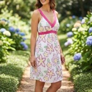 Vtg.Lilly Pulitzer White midi dress with pink yellow + green embroidery.Size 10